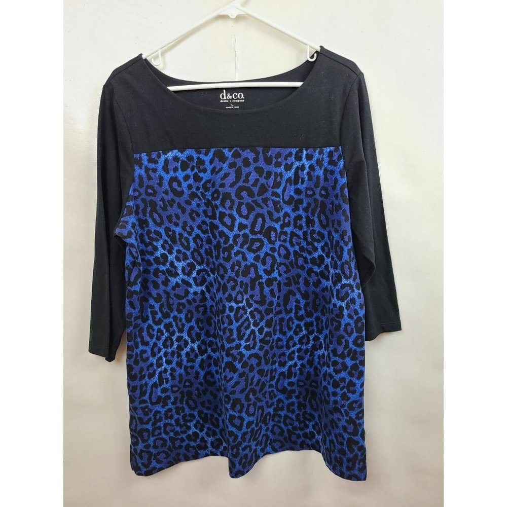 Denim & Co Black Blue Leopard Print 3/4 Sleeve Tunic Top Size Large - Picture 1 of 6